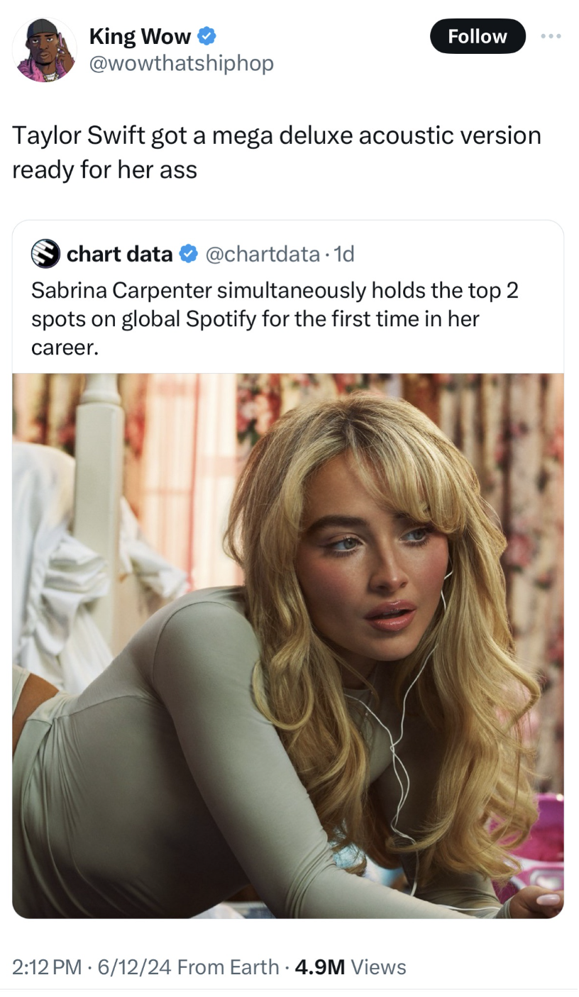 jack bridgland sabrina carpenter - King Wow Taylor Swift got a mega deluxe acoustic version ready for her ass chart data Sabrina Carpenter simultaneously holds the top 2 spots on global Spotify for the first time in her career. 61224 From Earth 4.9M Views